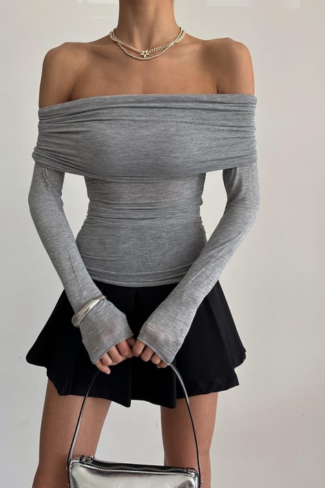 Degaje Yaka Büzgü Bluz Gri Melanj