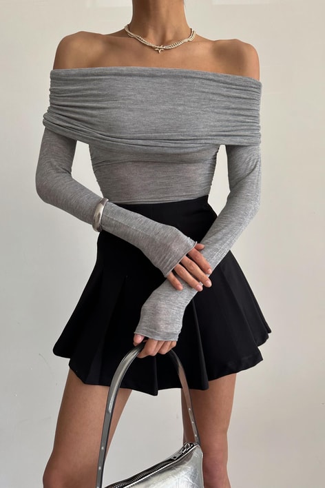 Degaje Yaka Büzgü Bluz Gri Melanj