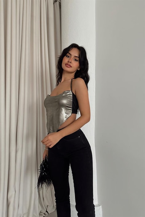 Degaje Yaka Simli Bluz Gold