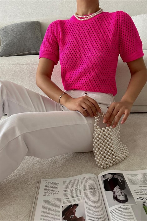 Delikli Triko Kısa Kollu Bluz Fuşya