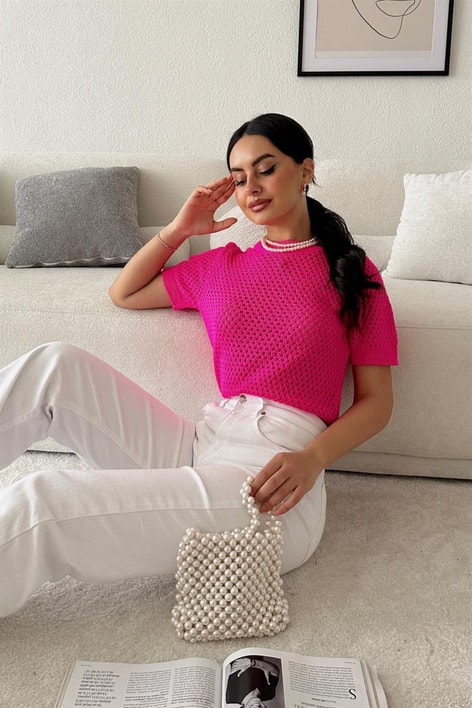 Delikli Triko Kısa Kollu Bluz Fuşya