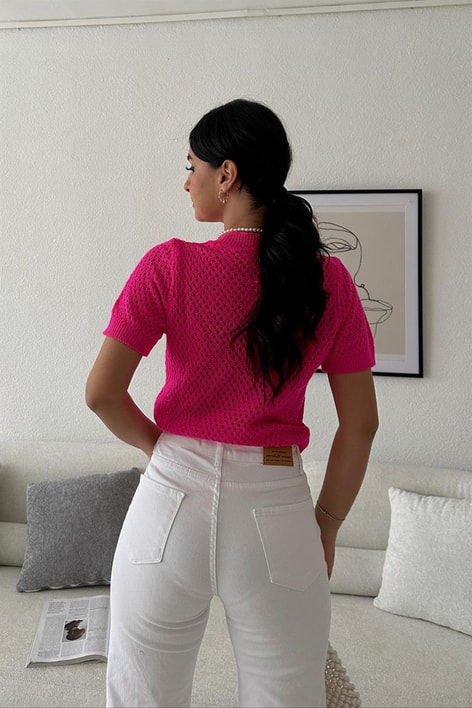 Delikli Triko Kısa Kollu Bluz Fuşya