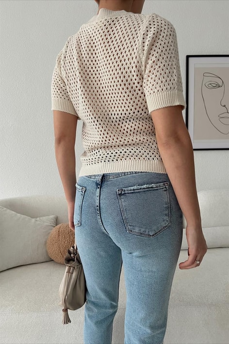 Delikli Triko Kısa Kollu Bluz Taş