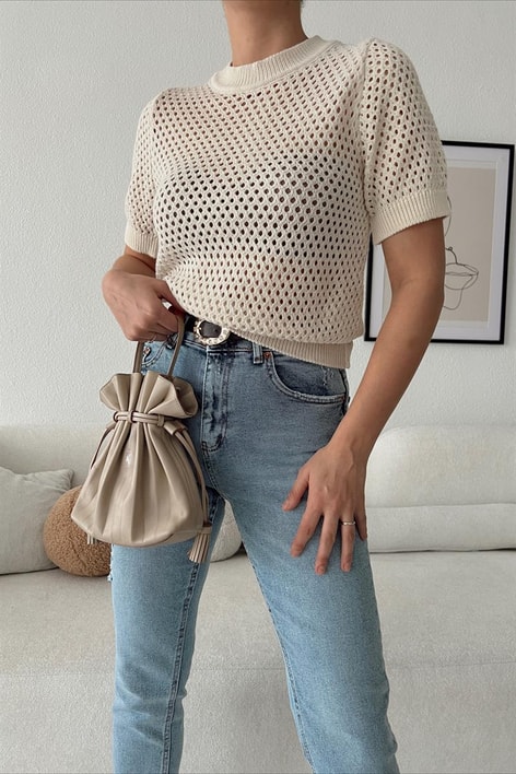 Delikli Triko Kısa Kollu Bluz Taş