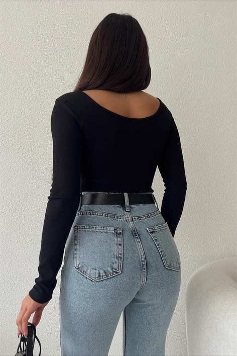 Derin Bisiklet Yaka Basic Bluz Siyah
