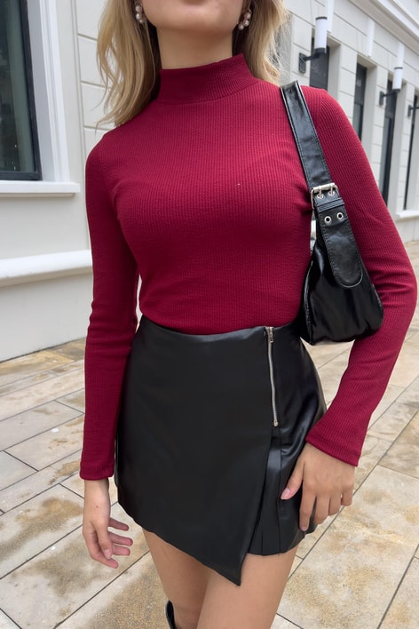 Dik Yaka Crop Fitilli Bluz Bordo