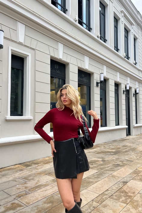 Dik Yaka Crop Fitilli Bluz Bordo