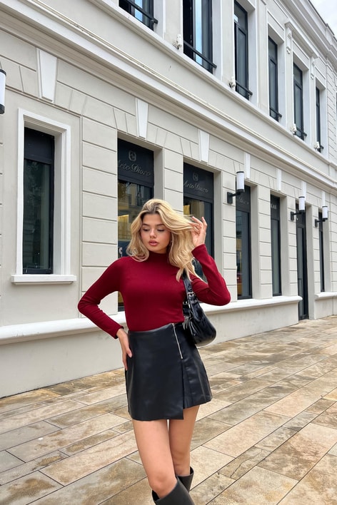 Dik Yaka Crop Fitilli Bluz Bordo