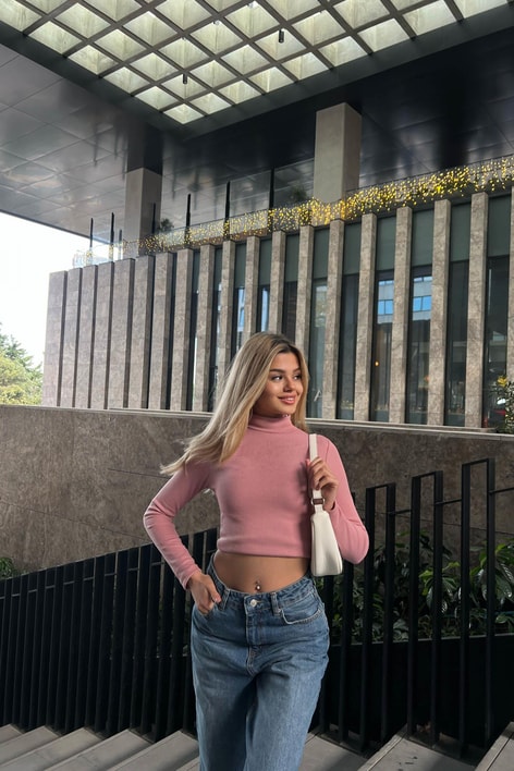 Dik Yaka Crop Fitilli Bluz Pudra