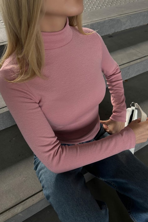 Dik Yaka Crop Fitilli Bluz Pudra