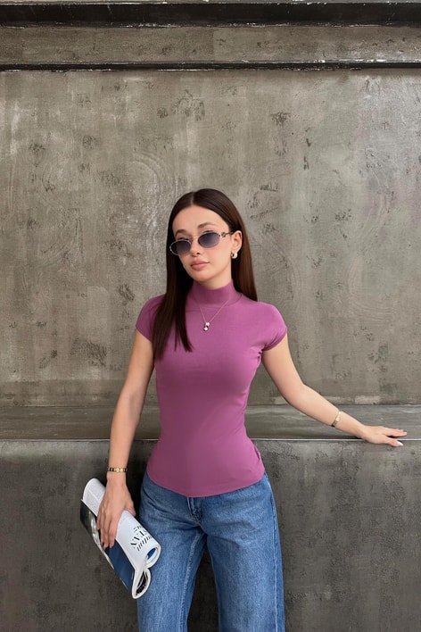 Dik Yaka Kolsuz Bluz Mor