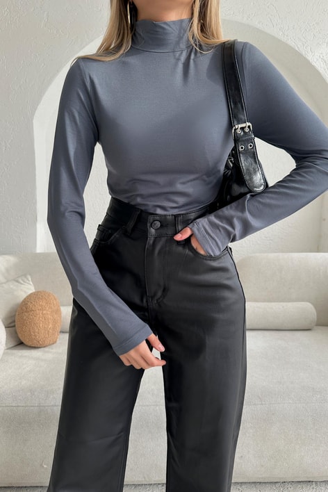 Dik Yaka Uzun Kollu Basic Bluz Antrasit