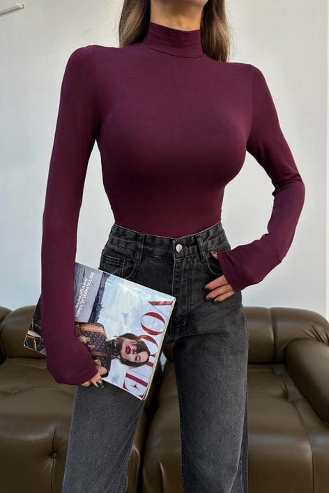 Dik Yaka Uzun Kollu Basic Bluz Bordo