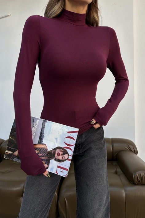 Dik Yaka Uzun Kollu Basic Bluz Bordo