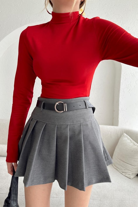 Dik Yaka Uzun Kollu Basic Bluz Kırmızı