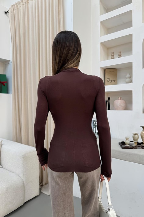Dikiş Detaylı Kaşmir  Bluz Kahve