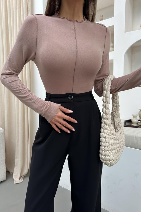 Dikiş Detaylı Kaşmir  Bluz Vizon