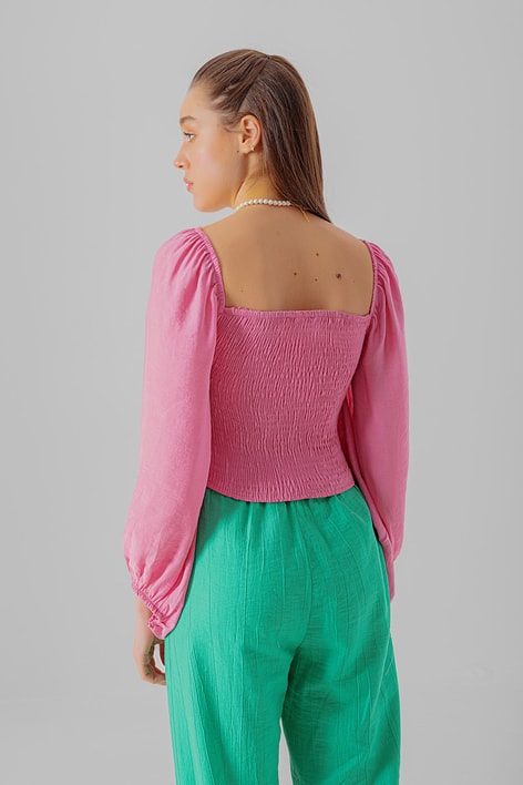 Drape Balon Kol Bluz Pembe