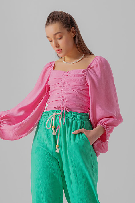 Drape Balon Kol Bluz Pembe