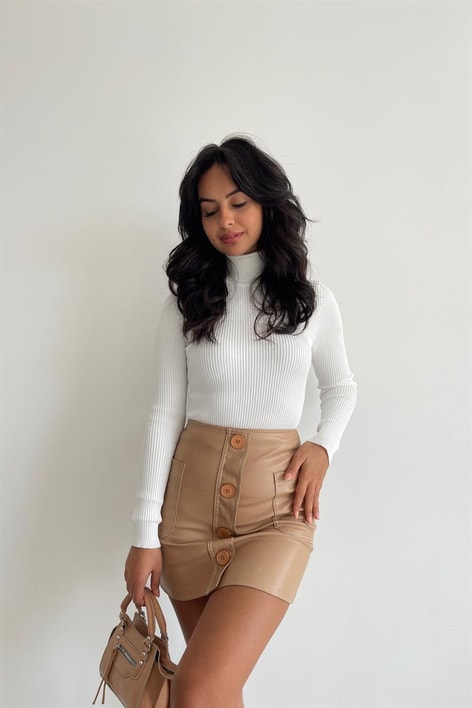 Fitilli Balıkçı Yaka Triko Bluz Beyaz