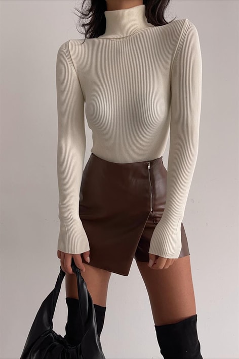 Fitilli Balıkçı Yaka Triko Bluz Krem