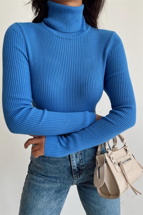 Fitilli Balıkçı Yaka Triko Bluz Mavi