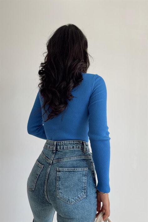 Fitilli Balıkçı Yaka Triko Bluz Mavi