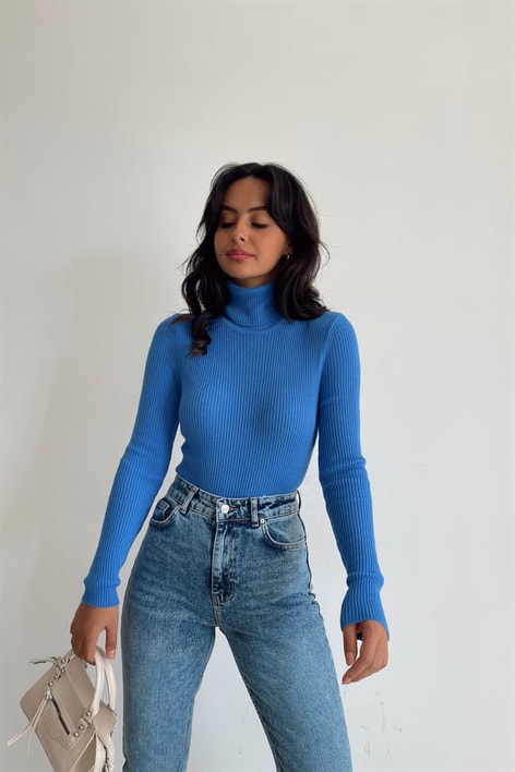 Fitilli Balıkçı Yaka Triko Bluz Mavi
