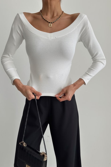 Geniş V Yaka Fitilli Bluz Ekru