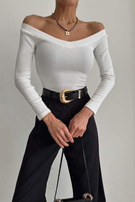 Geniş V Yaka Fitilli Bluz Ekru