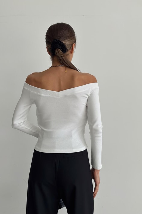 Geniş V Yaka Fitilli Bluz Ekru