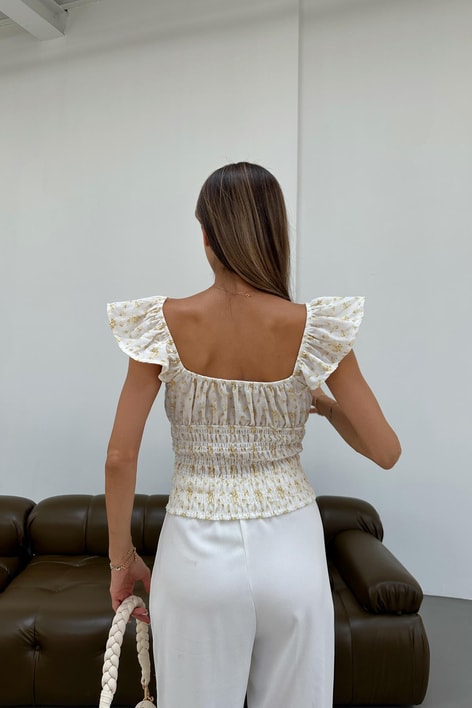 Gipe Detaylı Flower Keten Bluz Sarı