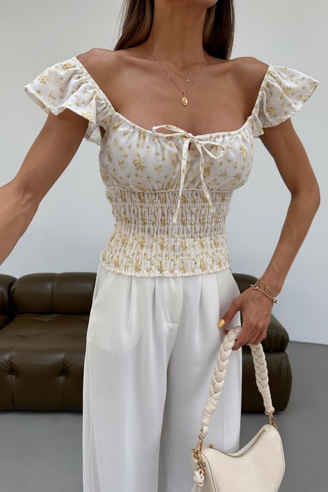 Gipe Detaylı Flower Keten Bluz Sarı