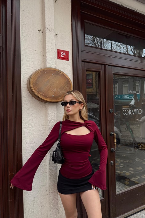 Göğüs Dekolteli Sandy Bluz Bordo