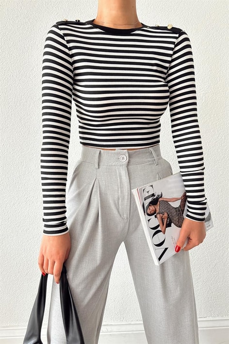 Gold Düğme Detay Çizgili Bluz Siyah-Beyaz