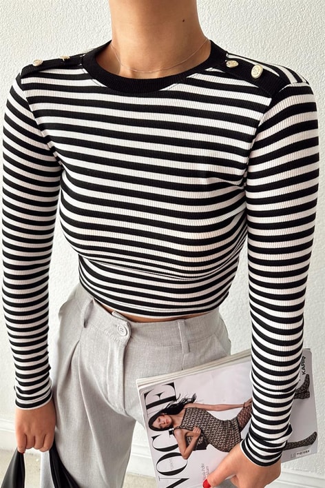 Gold Düğme Detay Çizgili Bluz Siyah-Beyaz