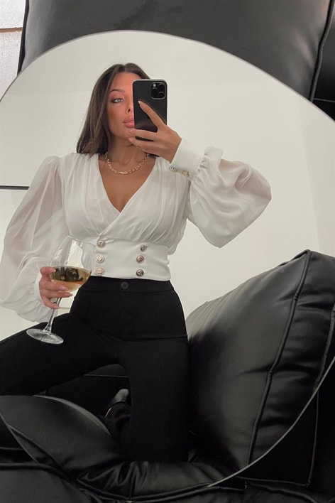 Gold Düğmeli Vintage Şifon Bluz Krem