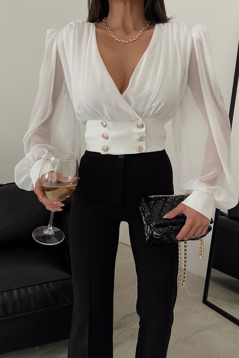 Gold Düğmeli Vintage Şifon Bluz Krem