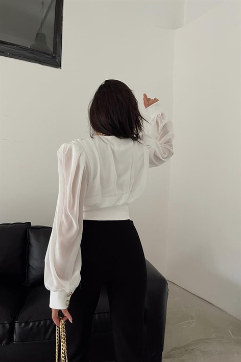 Gold Düğmeli Vintage Şifon Bluz Krem