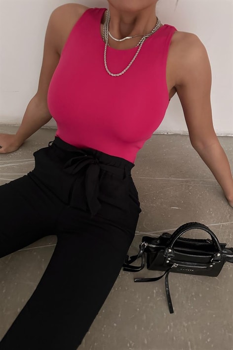 Halter Yaka Basic Crop Bluz Fuşya