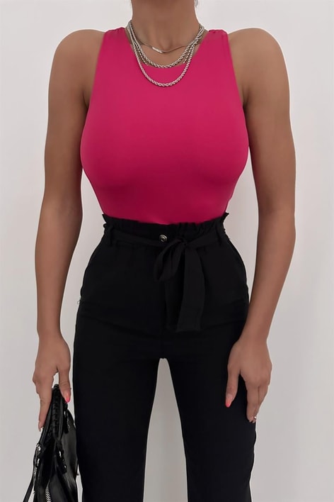 Halter Yaka Basic Crop Bluz Fuşya