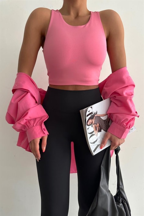 Halter Yaka Basic Crop Bluz Pembe