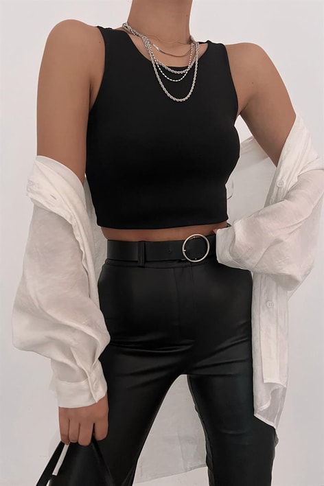 Halter Yaka Basic Crop Bluz Siyah