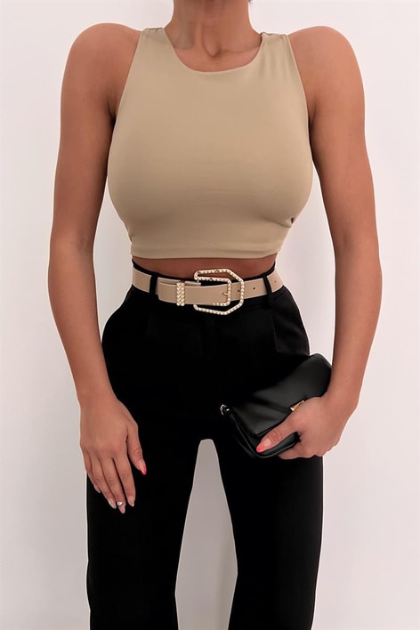 Halter Yaka Basic Crop Bluz Vizon