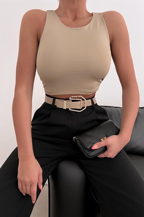 Halter Yaka Basic Crop Bluz Vizon