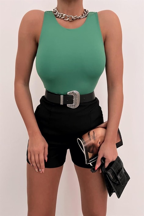 Halter Yaka Basic Crop Bluz Yeşil