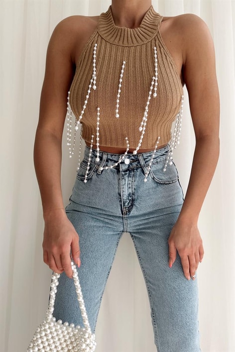 İnci Taşlı Premium Bluz Vizon