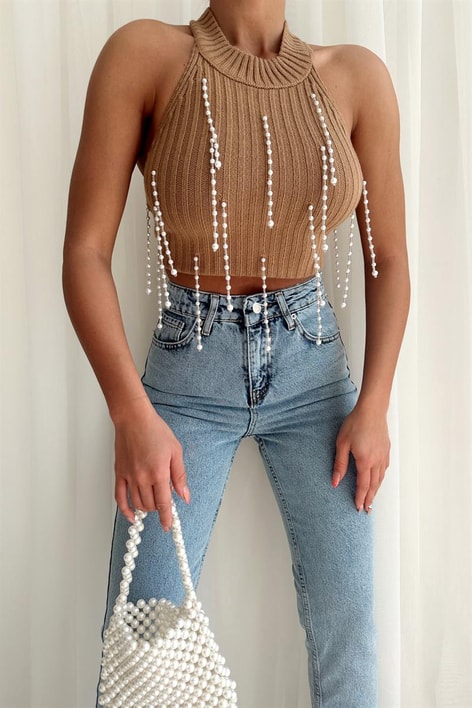 İnci Taşlı Premium Bluz Vizon