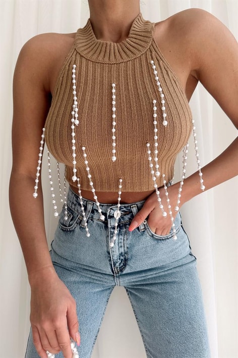 İnci Taşlı Premium Bluz Vizon