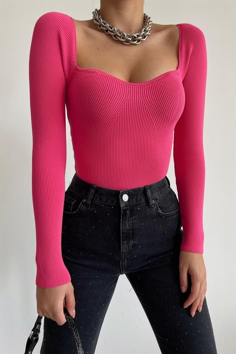 Kalp Yaka Triko Bluz Pembe